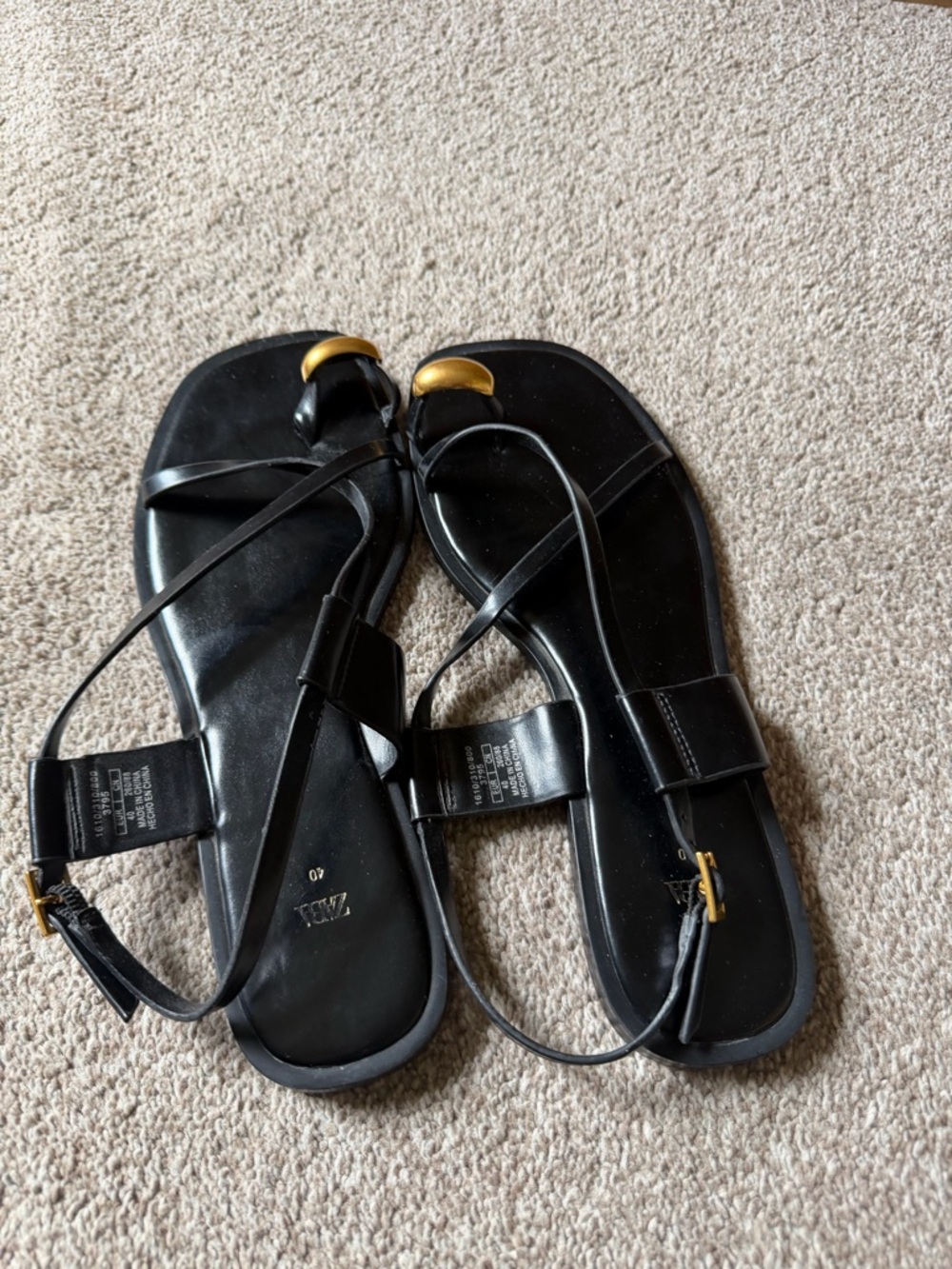 Zara Genuine Leather Black Strappy Flat Sandals with Gold Accent - Womens